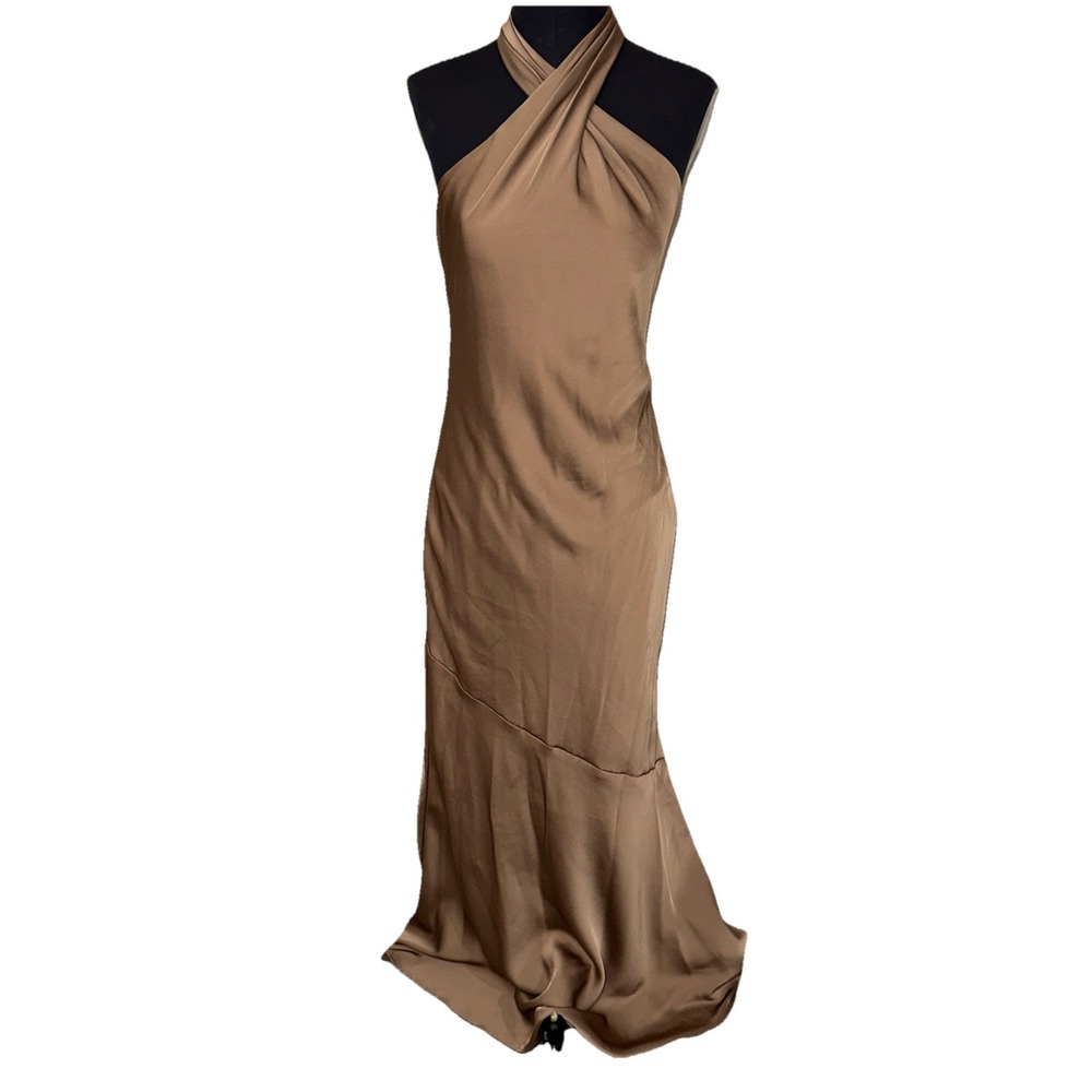 Celébrate Halter‎ Gown Open Back Neutral Taupe Size 6